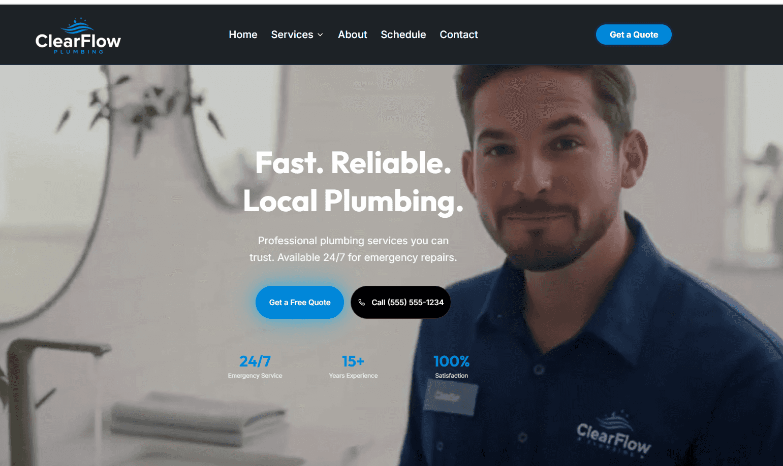 Professional plumbing website design example showing ClearFlow Plumbing homepage with live chat feature for small business plumbing services