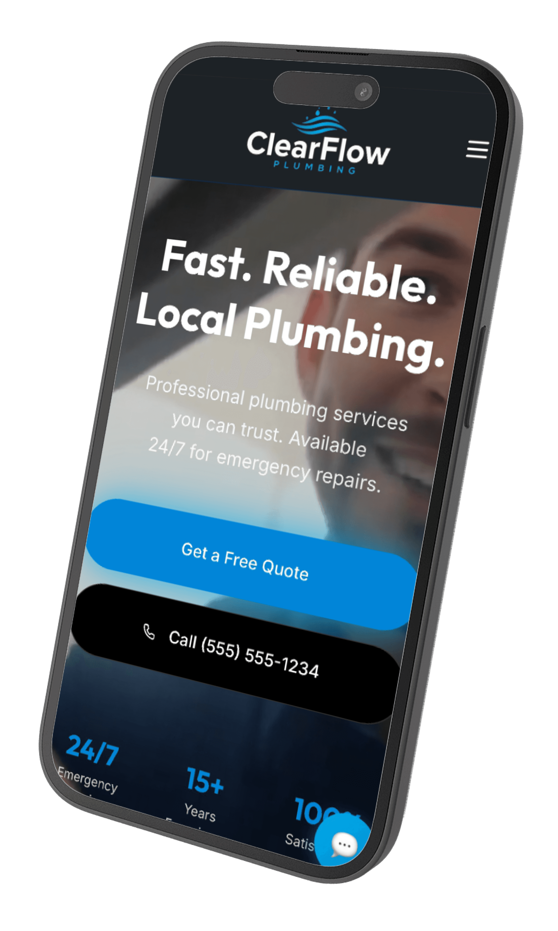 Mobile-first responsive web design example - ClearFlow Plumbing website on iPhone showing optimized mobile user experience for trades businesses
