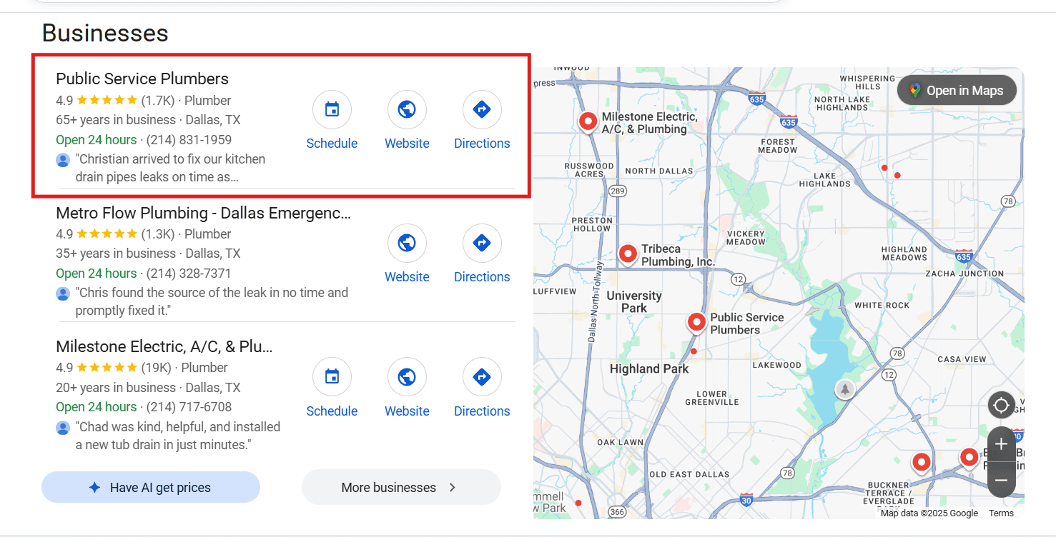 Google Maps search results showing top-ranked local plumbing businesses in Dallas, TX with the #1 position highlighted